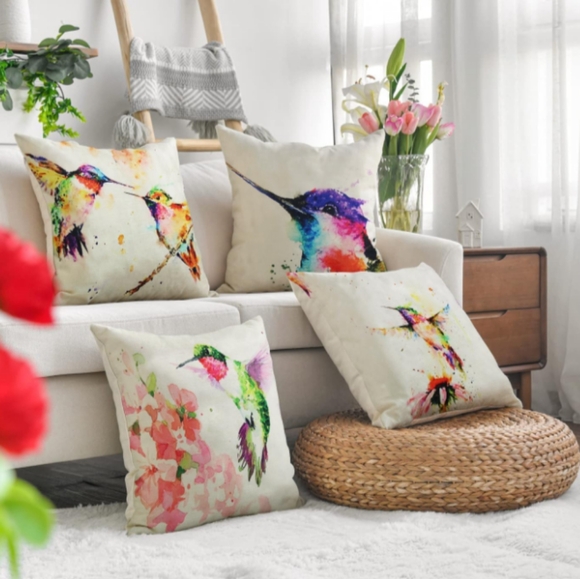 Set 4 Hummingbird Colorful Watercolor Bird Pillow Covers Throw Pillows Birds New - Picture 2 of 10
